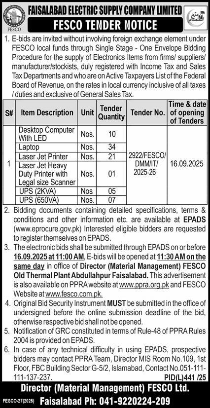 Faisalabad Electric Supply Company Limited Tender Notice